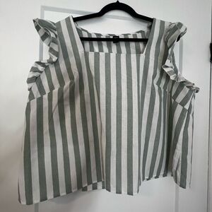SHEIN Green and White Striped Ruffle Blouse